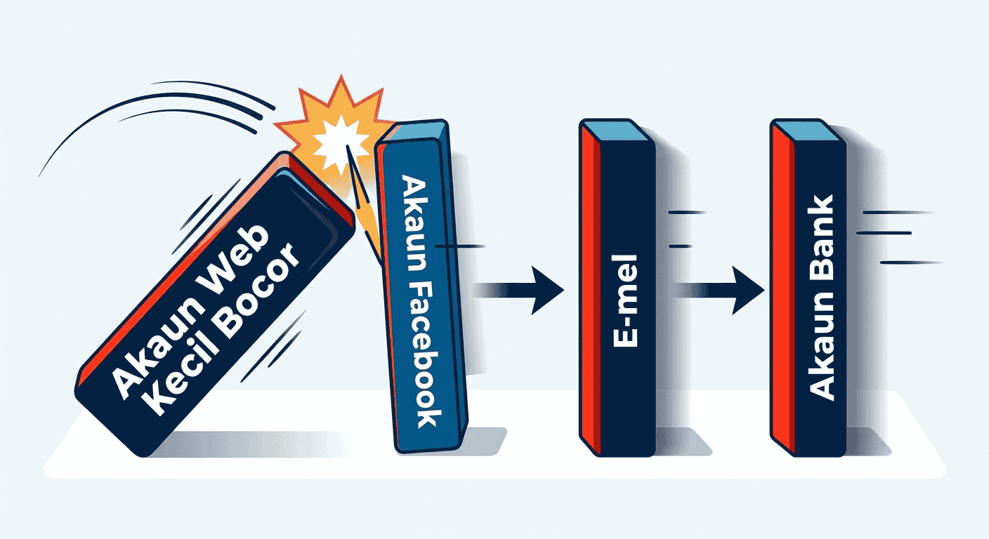 Bahaya Kesan Domino—Apabila korang kitar semula password yang sama untuk semua platform, satu kebocoran kecil boleh melumpuhkan seluruh keselamatan kewangan digital anda.