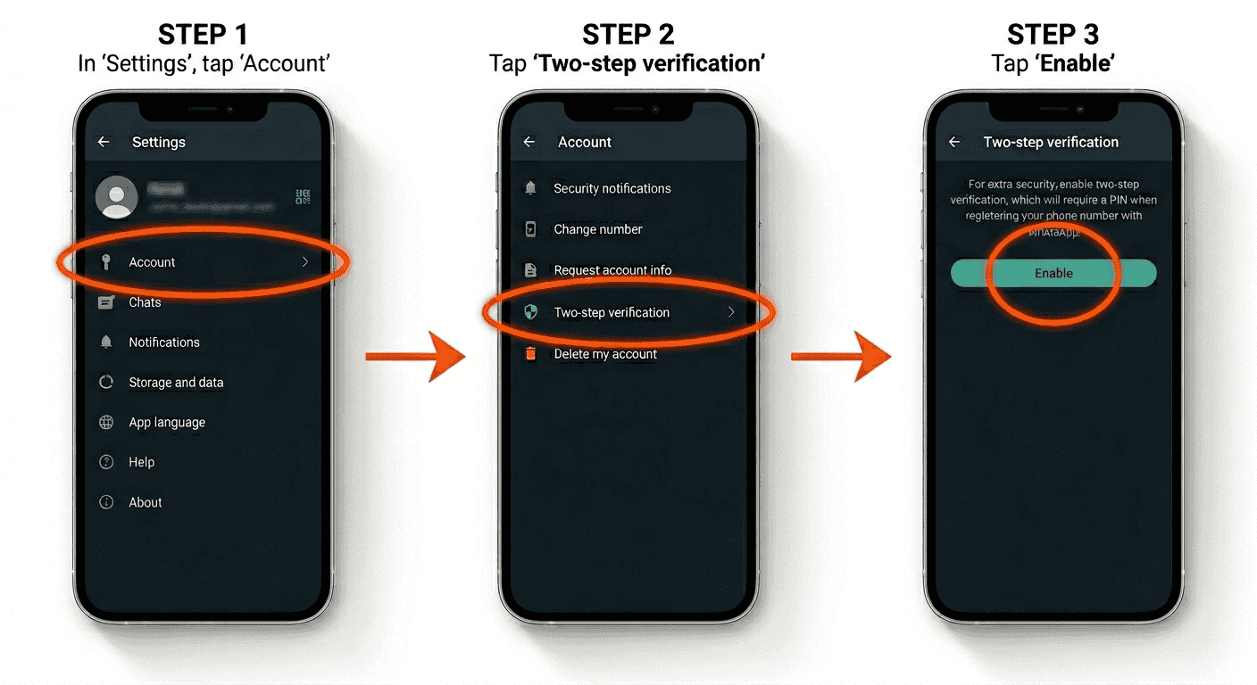 Panduan visual mengaktifkan ciri 'Two-step verification' di dalam aplikasi WhatsApp untuk menyekat cubaan rampasan akaun oleh scammer.