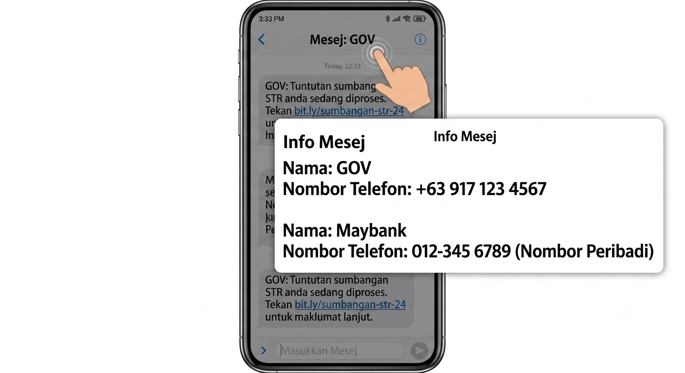 Jangan tertipu dengan nama di atas skrin! Klik pada butang 'Info' atau profil pengirim untuk melihat nombor telefon di sebalik nama tersebut. Nombor antarabangsa atau nombor peribadi adalah bukti jelas ia adalah penipuan.