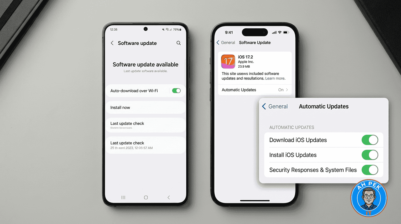 Aktifkan ciri kemas kini automatik supaya sistem telefon pintar anda sentiasa dipasang dengan komponen keselamatan siber terkini tanpa perlu diperiksa secara manual.