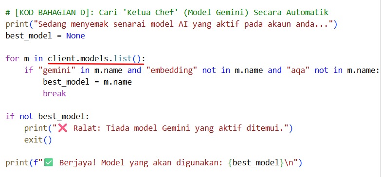 Langkah 2: Tulis arahan yang sangat spesifik menggunakan teknik 'Prompt Engineering'. Perhatikan bagaimana kita membiarkan sistem 'client' mencari model AI yang terbaik secara automatik!