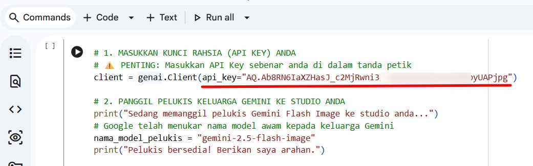 Langkah 1: Sediakan kanvas lukisan anda dengan memuat turun modul google-genai dan memasukkan kunci rahsia (API Key) anda. Anggap ini sebagai proses anda membeli berus ajaib dan membuka studio!