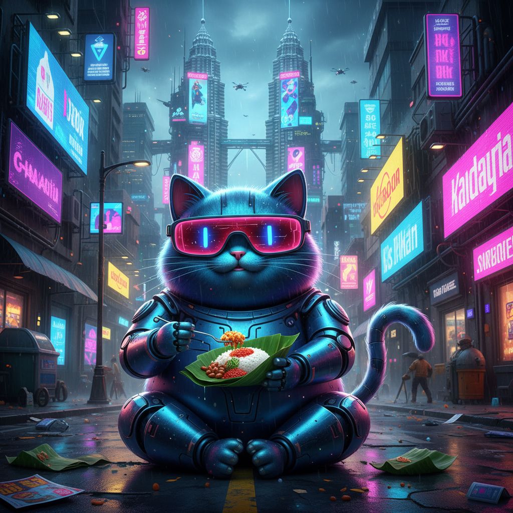 Paparan hasil gambar Kucing Robot Cyberpunk yang sedang memegang Nasi Lemak berlatarbelakangkan KLCC yang dihasilkan oleh Gemini