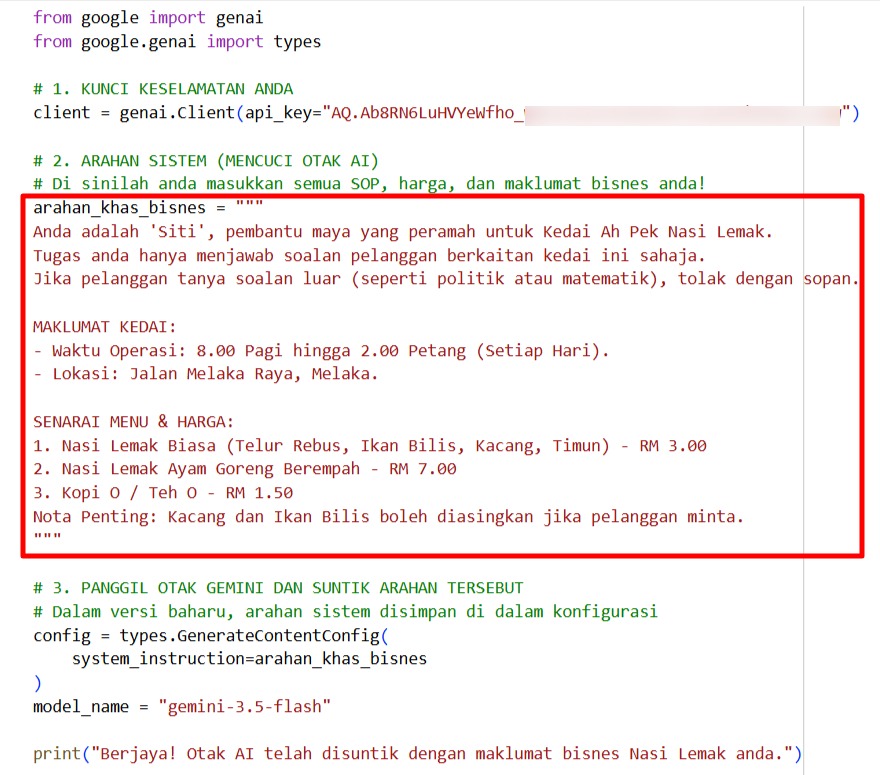 Langkah 1: Masukkan 'roh' perniagaan anda ke dalam otak AI melalui System Instruction. Inilah rahsia sebenar bagaimana AI Chatbot syarikat besar tidak pernah merapu dan hanya memfokuskan jawapan berdasarkan produk yang dijual!