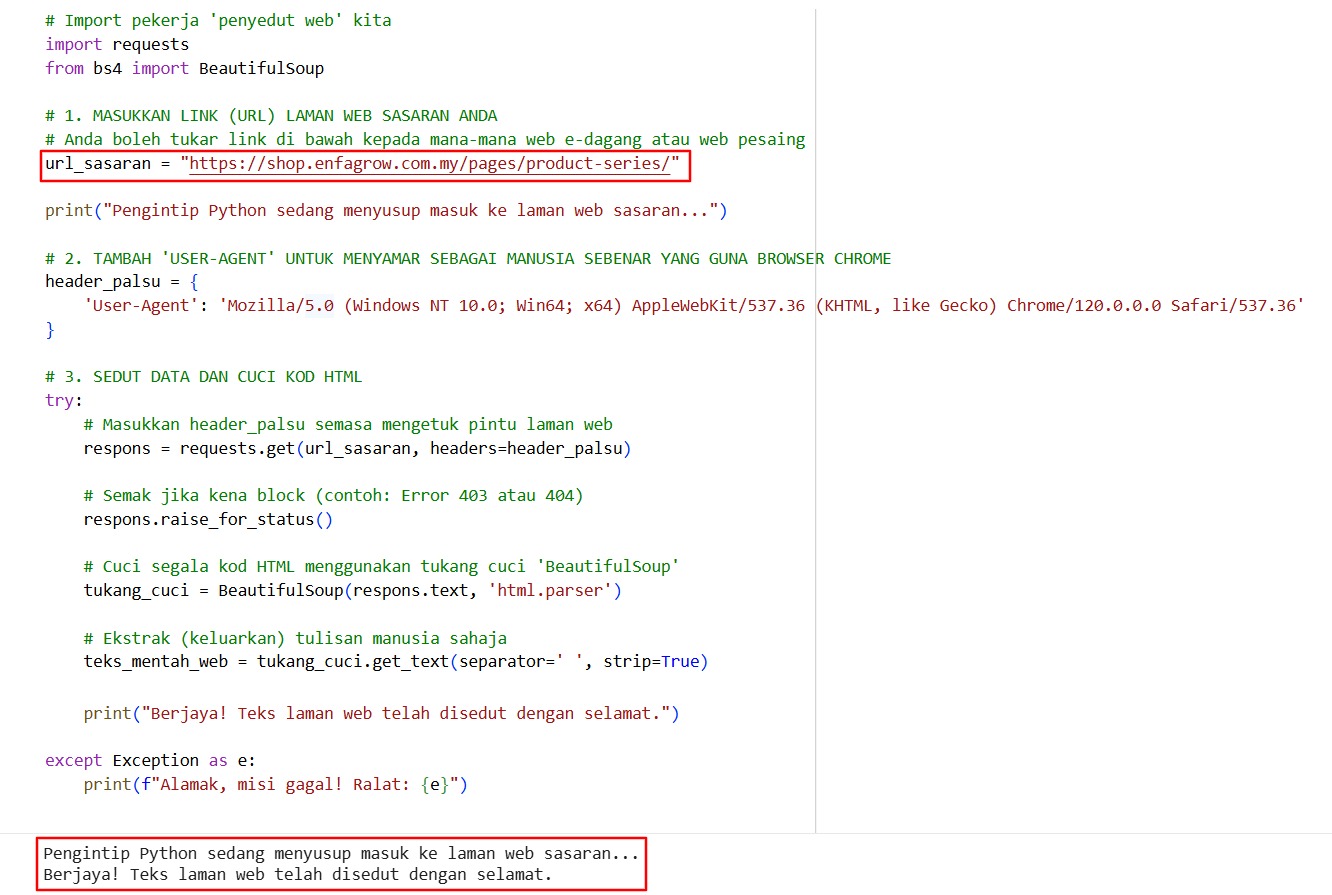 Langkah 1: Masukkan link (URL) laman web pesaing anda di ruang yang disediakan. Kod Python ini bertindak seperti perisik siber yang akan menyusup masuk, mencuri dan menyedut semua teks yang boleh dibaca dari laman web tersebut hanya dalam masa 1 saat!