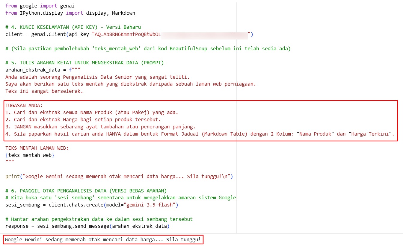 Langkah 2: Tulis arahan yang sangat ketat dan tegas. Rahsia terbesar di sini ialah kita memaksa AI untuk membuang semua ayat 'sampah' seperti iklan dan syarat laman web, sebaliknya hanya memaparkan hasil dalam format Jadual (Table).