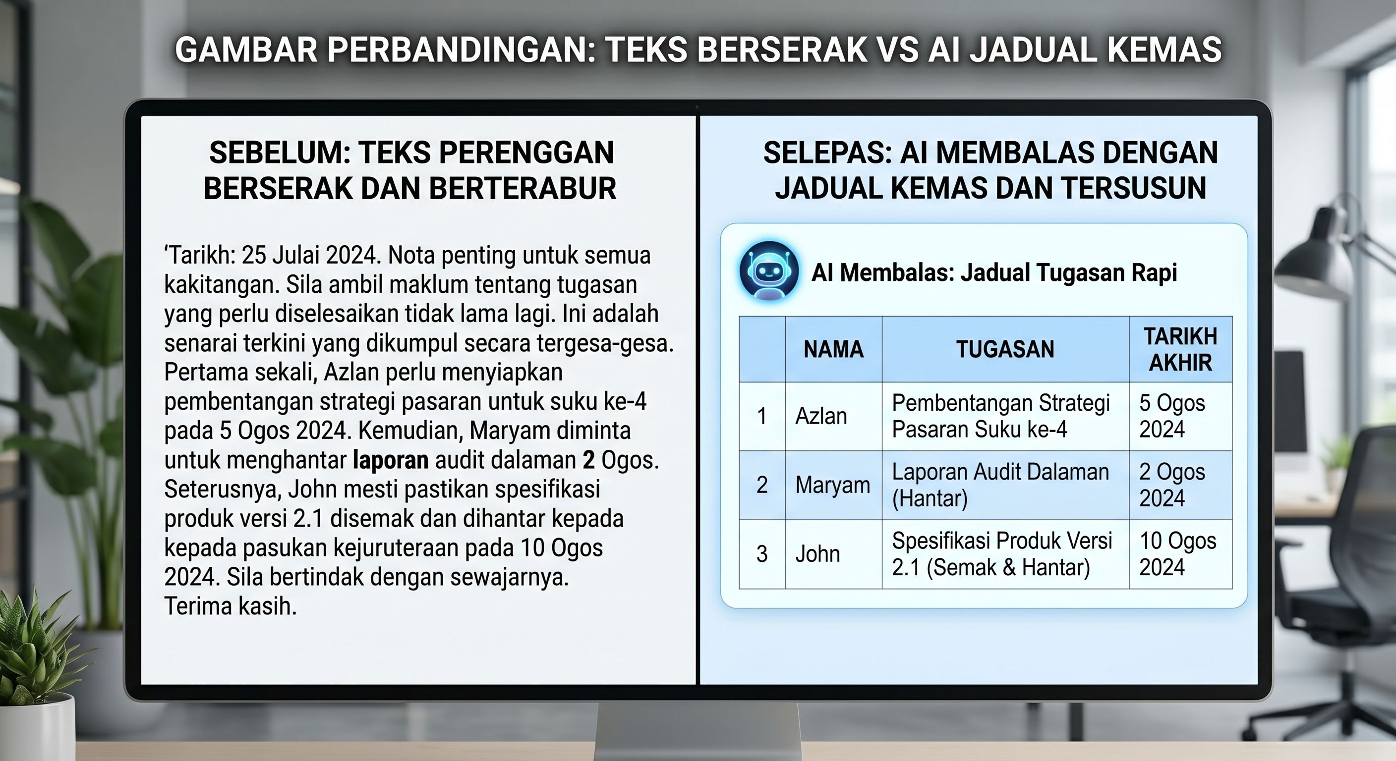 Daripada nota mesyuarat yang berselirat dan buat sakit mata, AI ubah menjadi Jadual Senarai Tindakan (Action Items) yang sangat kemas. Boss anda pasti puji melambung!