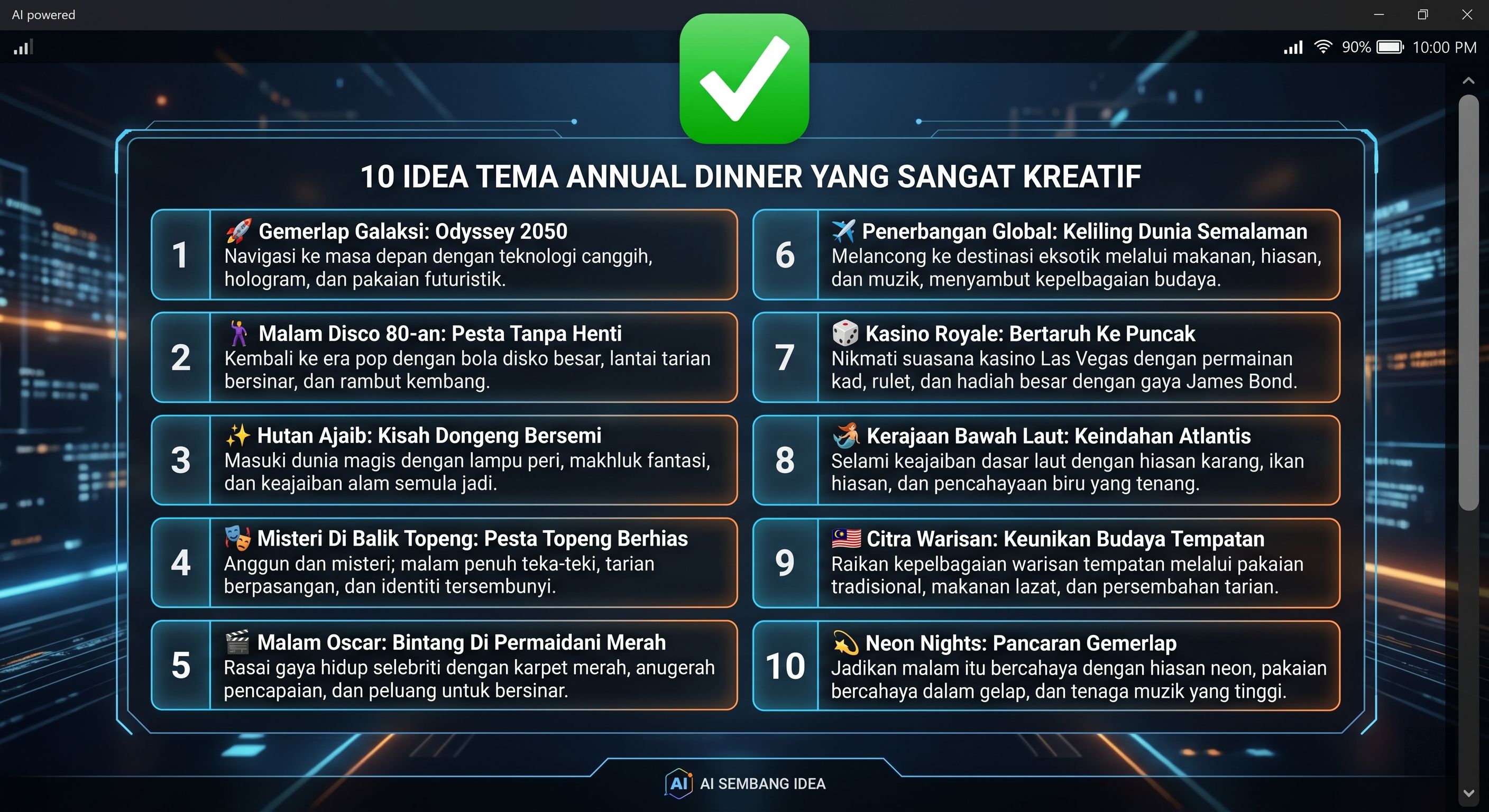 Minda buntu tiada idea? Biarkan AI memuntahkan 10 idea gila dalam masa 3 saat. Tugas anda amat mudah: pilih sahaja mana satu yang paling 'ngam' dengan selera anda!